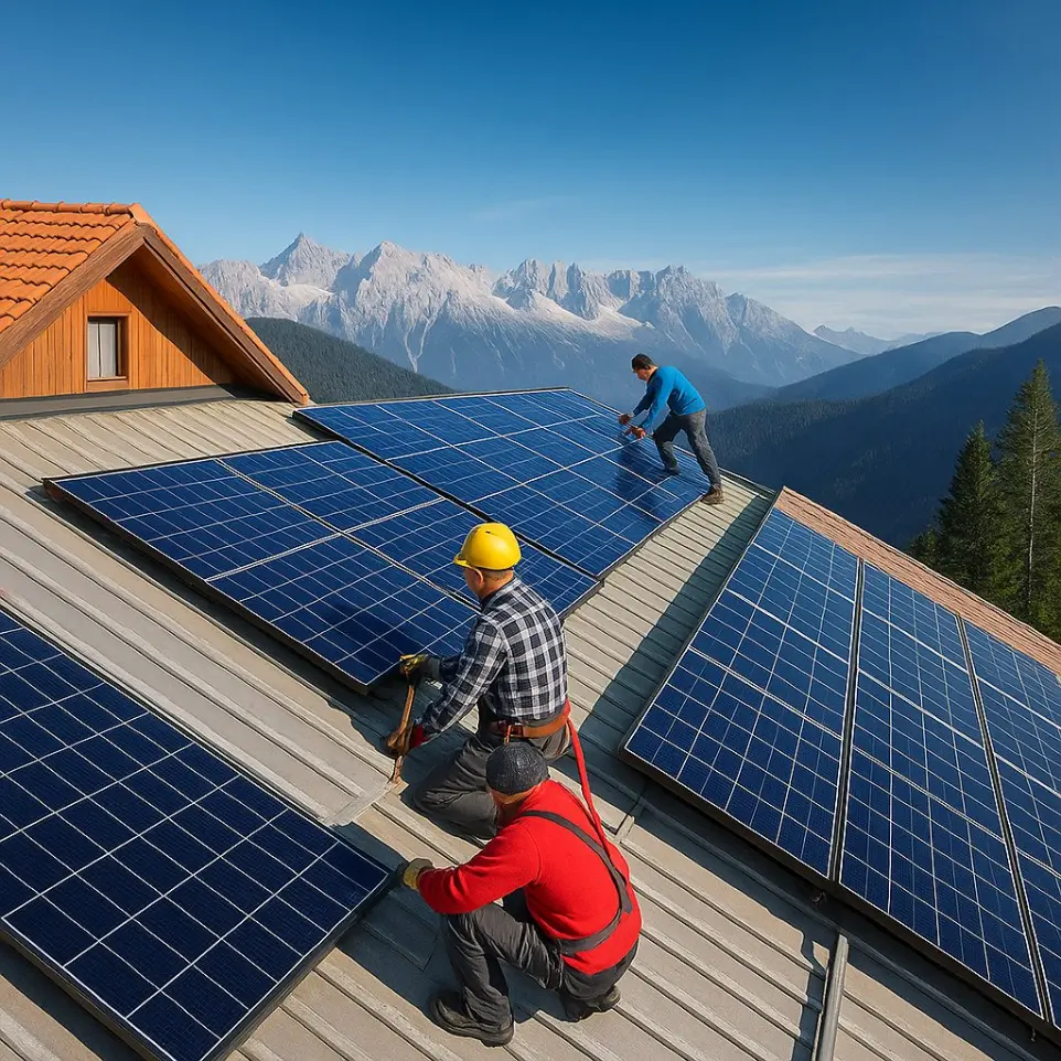 SSP Spenglerei installiert Photovoltaikanlage auf einem Hausdach in den Alpen – nachhaltige Energie durch moderne Spenglerarbeiten
