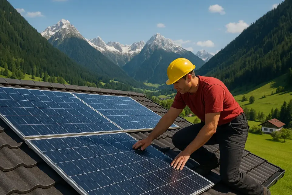 Arbeiter installiert Photovoltaikanlage auf einem Hausdach in den Tiroler Alpen, umgeben von grüner Berglandschaft und klarer Bergluft unter blauem Himmel.