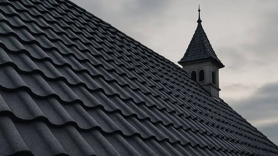 Dunkle Dachziegel auf Steildach Dunkle Dachziegel auf Steildach