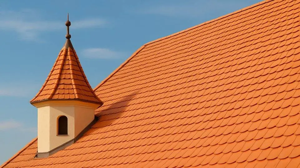 Dachziegel am Steildach mit Turm Dachziegel am Steildach mit Turm